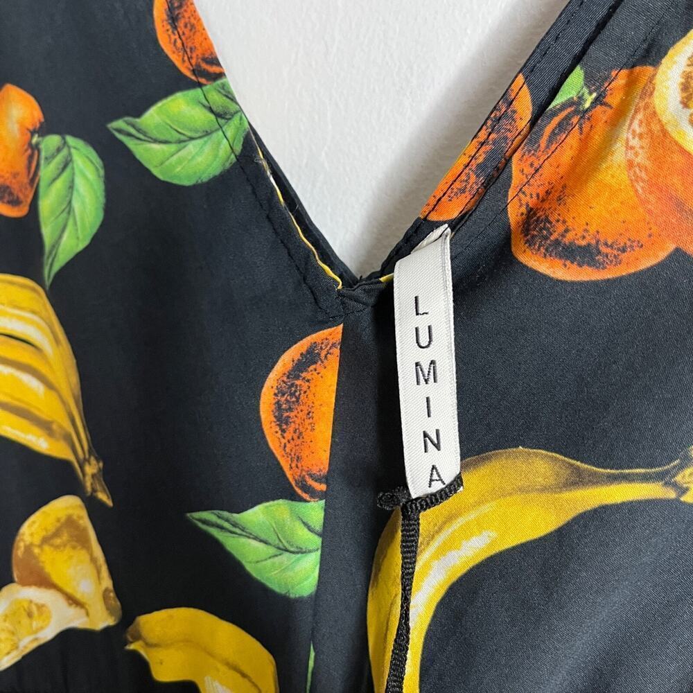 Lumina Women's Sun Dress Size M Black Fruit Print Sleeveless Fit & Flare V-Neck - Picture 7 of 9